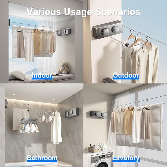 Retractable Clothesline Indoor, Non-Sagging Twin Clothes Line Retracting - Image 5