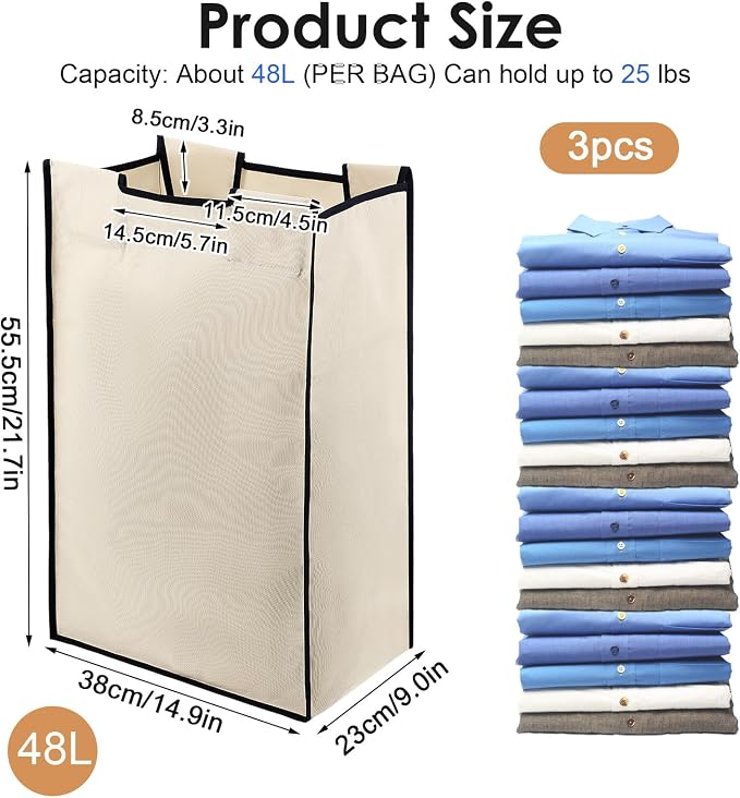 3 Pack Large Laundry Sorter Replacement Bags, 600D Oxford Cloth, Waterproof - Image 2