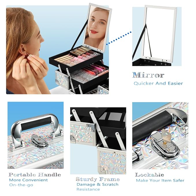 Joligrace Makeup Train Case Makeup Case Organizer Portable Cosmetic Box Storage - Image 5