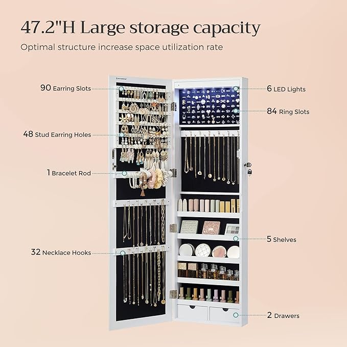 SONGMICS 6 LEDs Mirror Jewelry Cabinet, 47.2-Inch Tall Lockable Wall or Door - Image 5