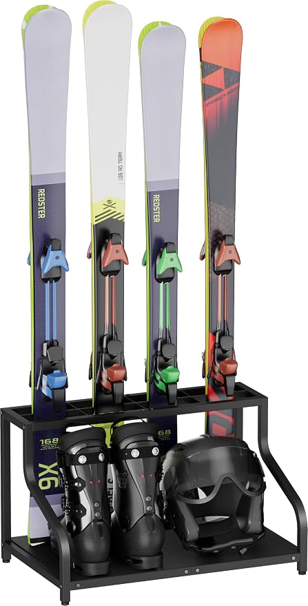 Mondazie Ski Storage Rack for Garage, 4 Pair Black | Freestanding Snowboard Rack by Mondazie