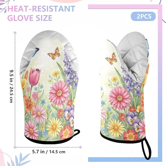 Heat Resistant Oven Mitts, Spring Flowers Floral Butterflies Kitchen Gloves - Image 3