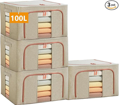 100L Large Storage Bags, Linen Stackable Clothes Storage Bins by SWEERI