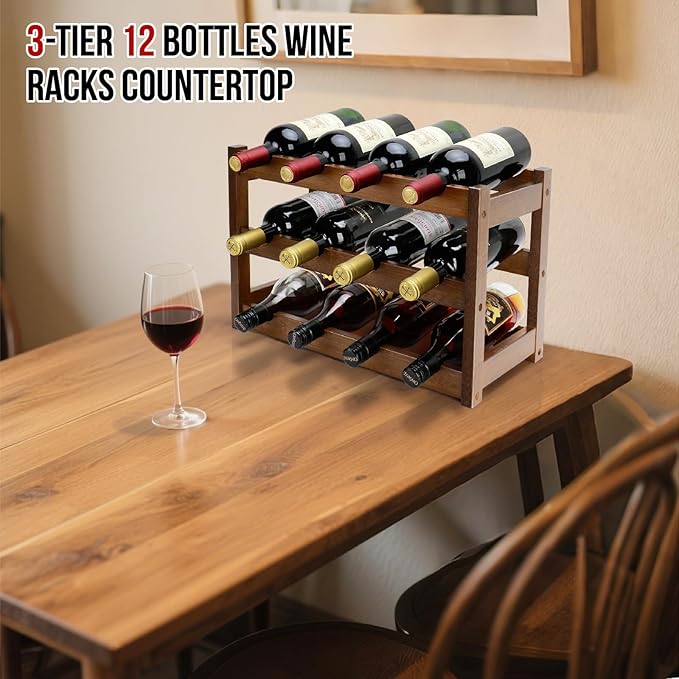 Bamboo Wine Rack, 3-Tier 12 Bottles Wine Storage Cabinet Shelf, Easy-Assembly - Image 2