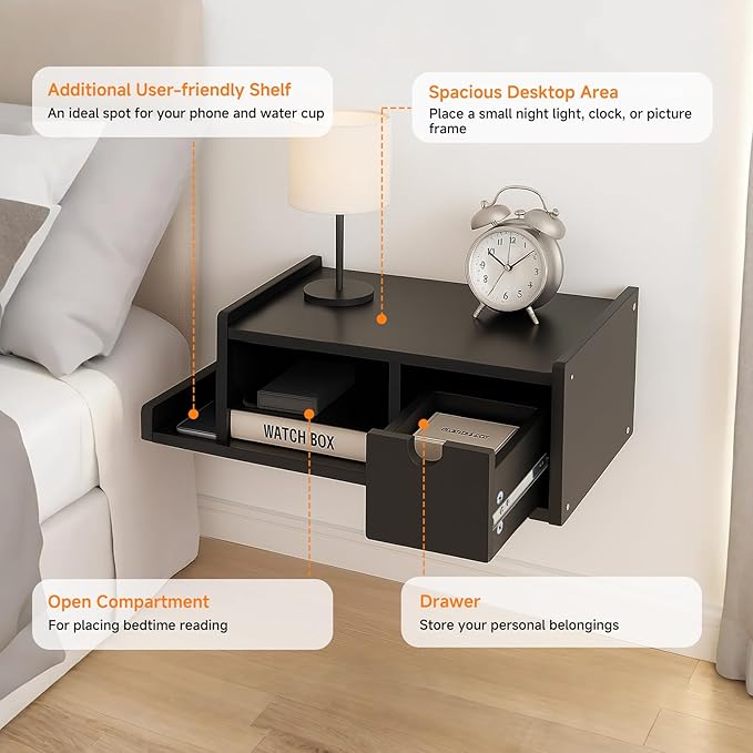 Floating Nightstand with Drawer & Shelf, Wall Mounted Bedside Table - Image 6