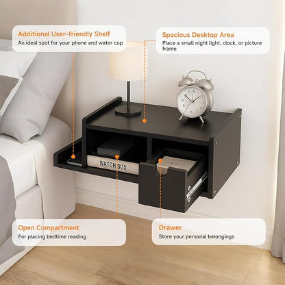 Floating Nightstand with Drawer & Shelf, Wall Mounted Bedside Table - Image 6
