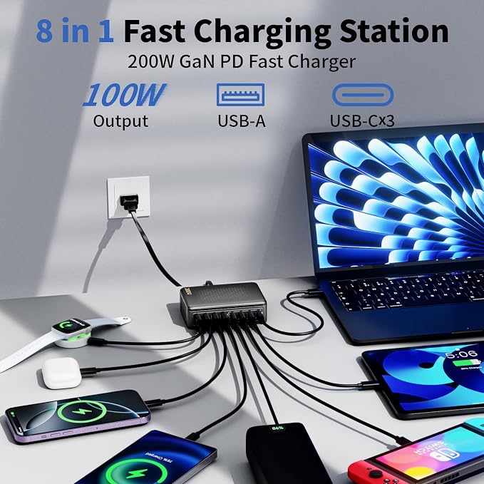 USB C Charger Block, 200W GaN 8 Port USBC Charging Station USB Hub Block Cube - Image 2