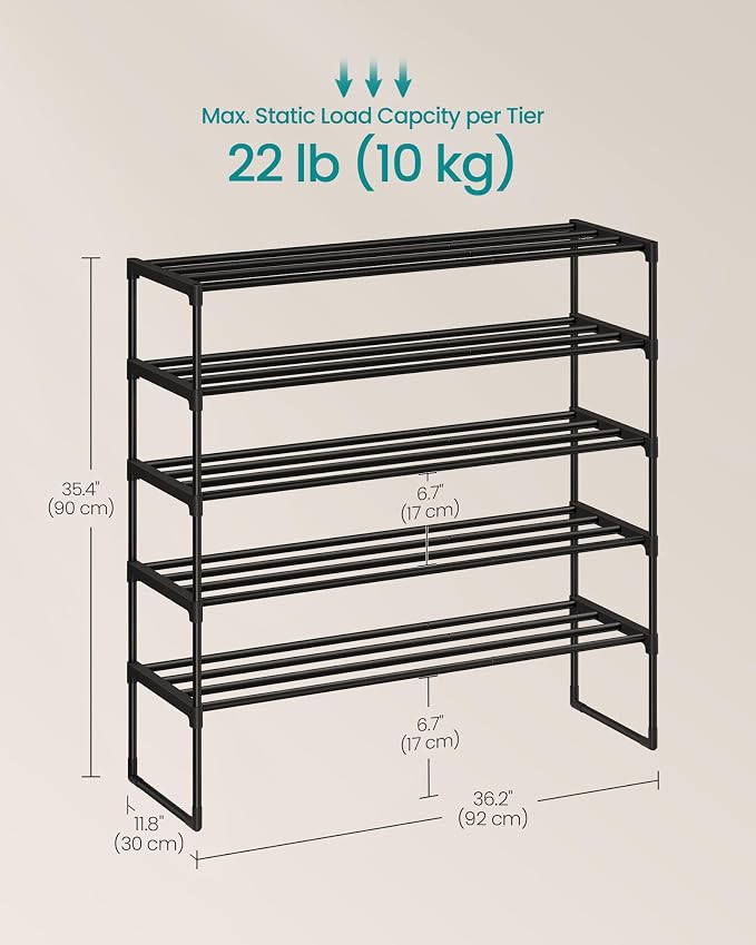SONGMICS Shoe Rack, 5-Tier Shoe Organizer, Metal Storage Shelf, Upright or - Image 3