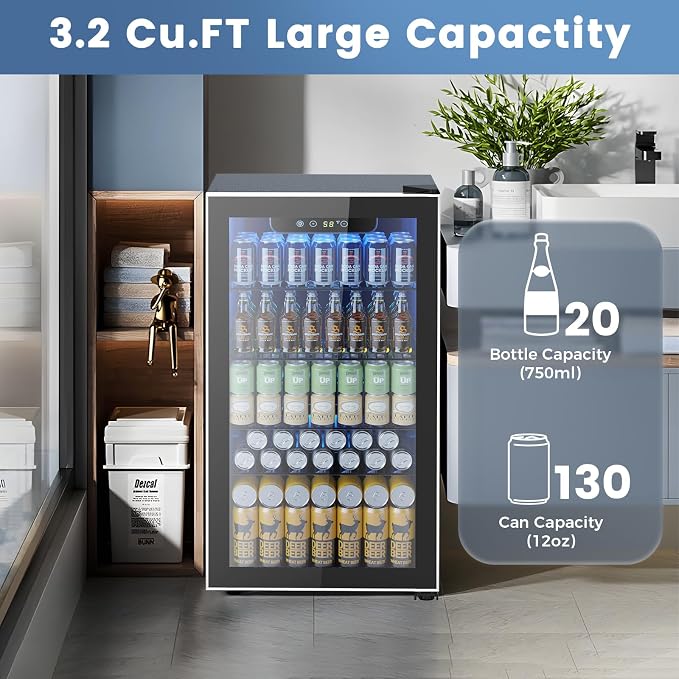 Mini Fridge 130 Can Beverage Refrigerator Cooler, 3.2 Cu.Ft Drink Fridge - Image 2