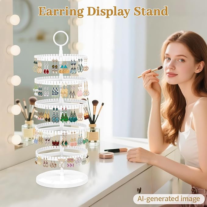 MODOWEY Rotating Earring Holder Organizer Adjustable Display, 5 Tiers White | - Image 2