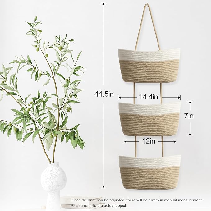 TeoKJ Over the Door Hanging Basket, 3-Tier Woven Cotton Wall-Mounted Storage - Image 5