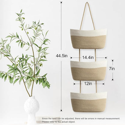 TeoKJ Over the Door Hanging Basket, 3-Tier Woven Cotton Wall-Mounted Storage - Image 5