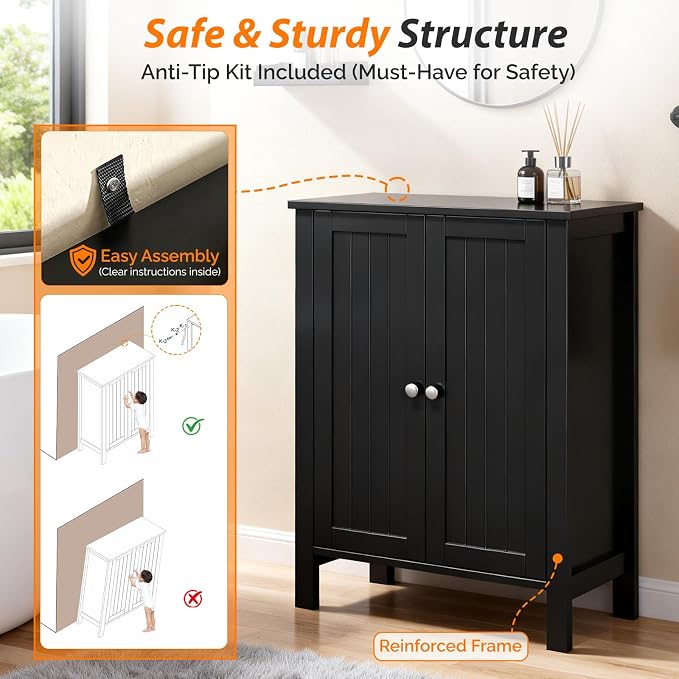 Bonnlo Free Standing Bathroom Cabinet, Modern Black Storage Cabinet - Image 6