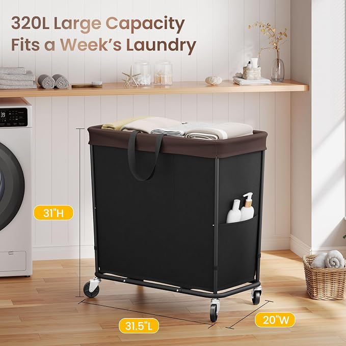320L Laundry Basket with Wheels, 3-Section Rolling Hamper - Image 2