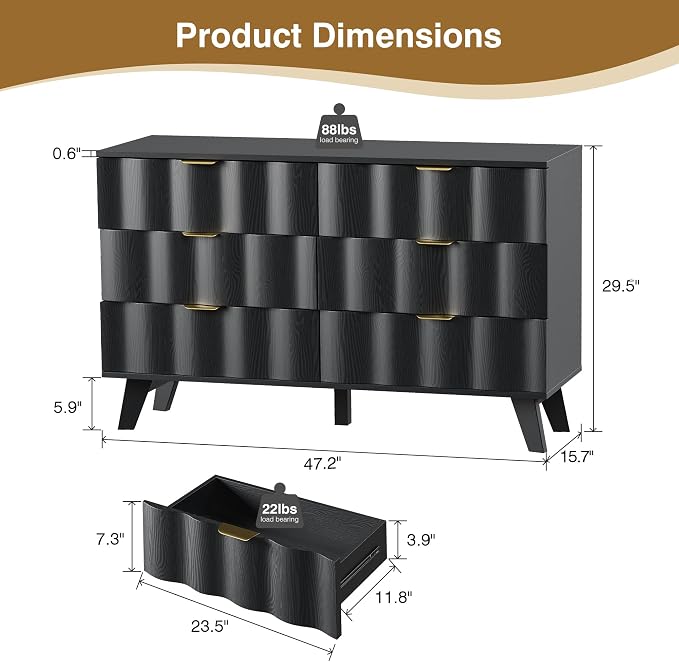 6 Drawer Dresser, Modern Fluted Storage Dresser - Image 2
