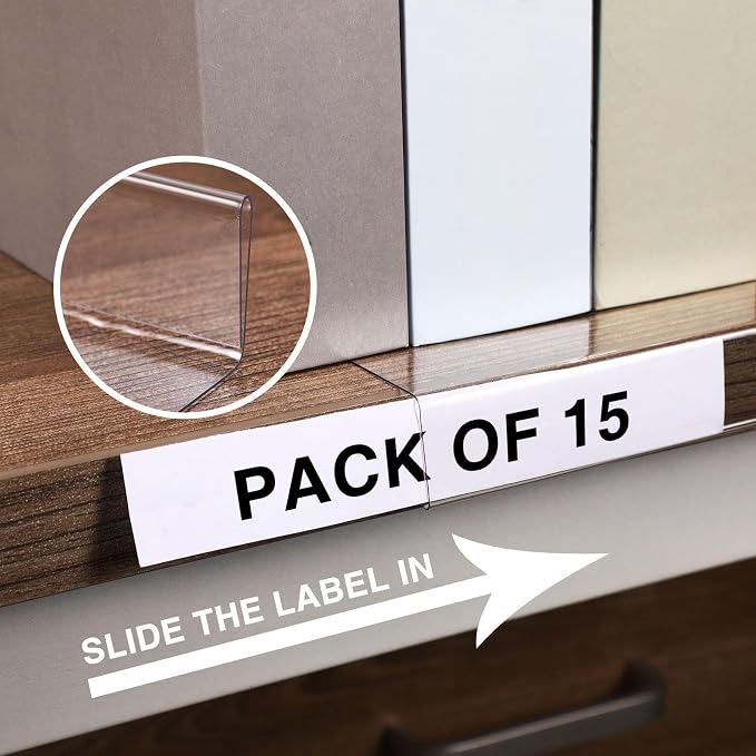 Containlol 15 Pieces Clear Shelf Label Holders Moveable Shelves Tags Moveable - Image 3