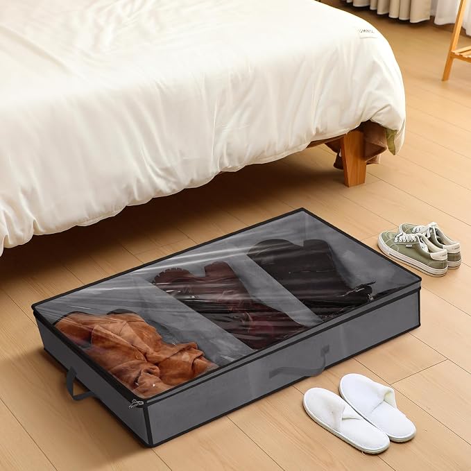 SATINIOR 3 Pcs 3 Section Under Bed Shoe Storage Boot Bag Grey and Black - Image 2