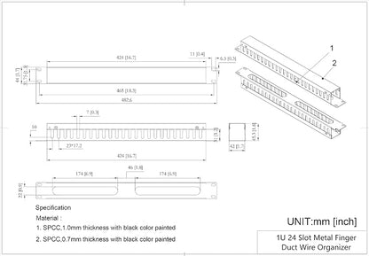2 Pack 1U 19 Inch Cable Manager Horizontal Rack Mount 24 Slot Metal Finger Duct - Image 2