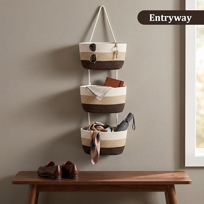 TeoKJ Over the Door Hanging Basket, 3-Tier Woven Cotton Wall-Mounted Storage - Image 7