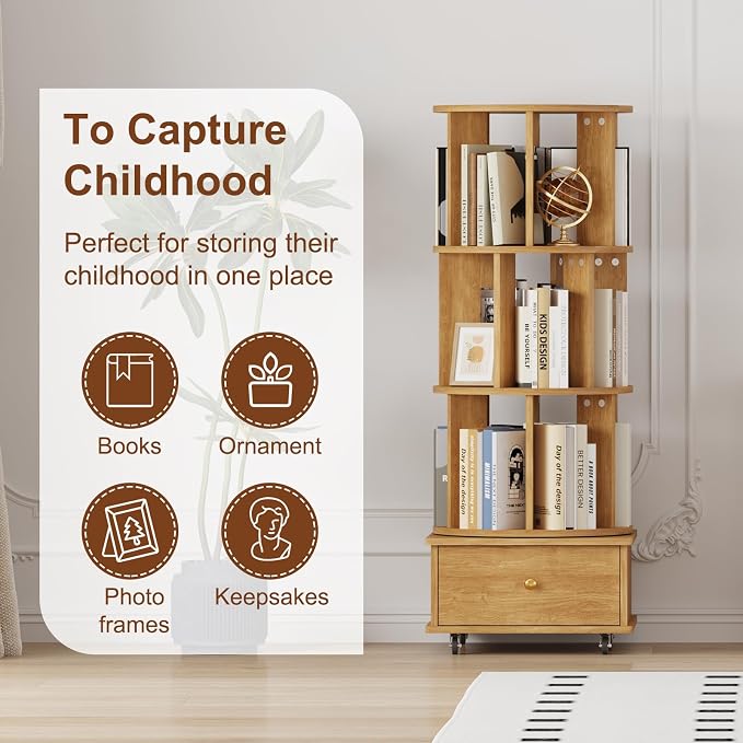 3-Tier Rotating Bookshelf with Drawers on Wheels, 360° Spinning Corner Bookcase - Image 4