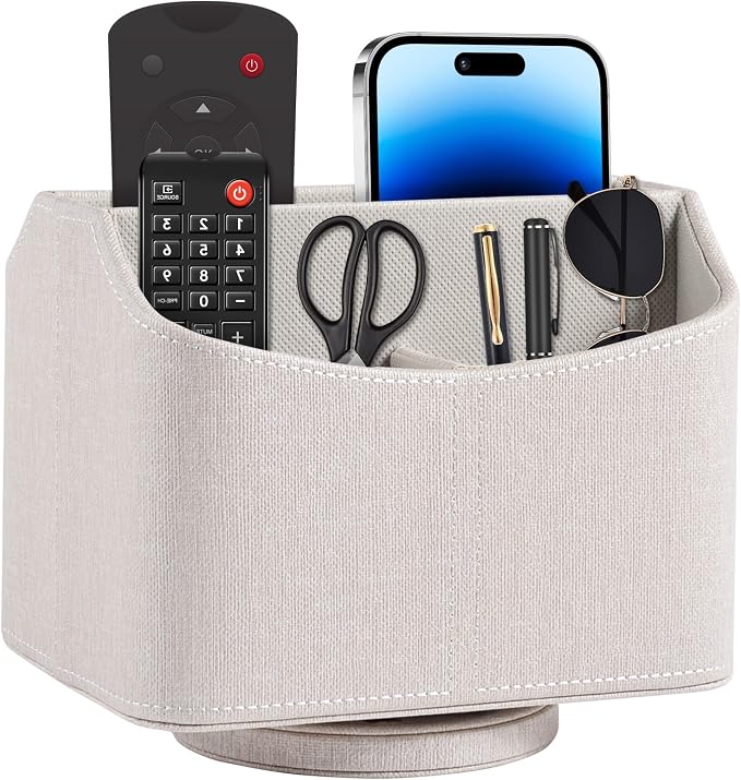 Leather Remote Control Holder 360 Degree Spinning, Desk Rotating Organizer/Caddy by RHCSZ