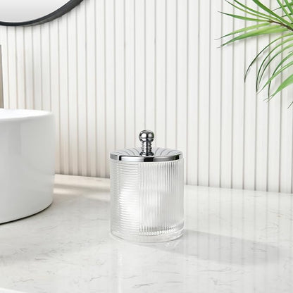 Clear Transparent Apothecary Ribbed Geometric Etched Glass Jar W/Silver/Chrome - Image 4