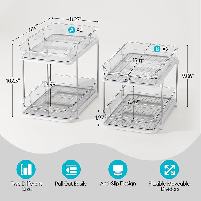 Delamu 4 Pack 2-Tier Bathroom Under Sink Organizers and Storage, Pull Out Clear - Image 2