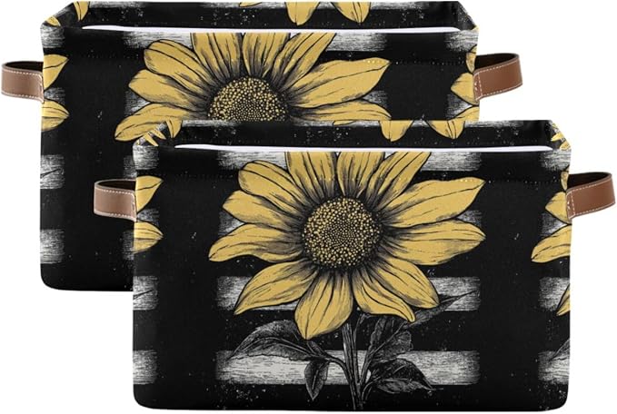 White Black American Flag Sunflower Storage Bins Box Foldable Shelf Basket by Unknown