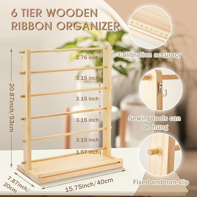 6 Tier Wooden Ribbon Organizer Ribbon Holder - Image 2