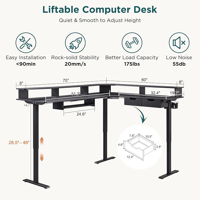 RedLemon 75X60 Inches L Shaped Electric Standing Desk, Height Adjustable Corner - Image 2