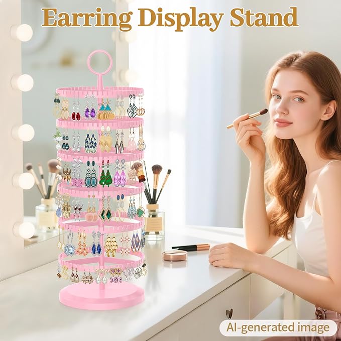 MODOWEY Rotating Earring Holder Organizer Adjustable Display, 6 Tiers Pink | - Image 7