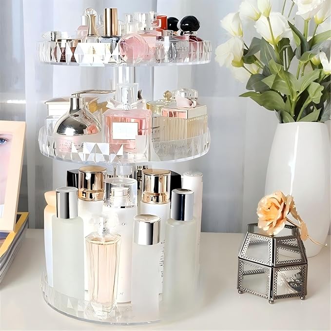 Diamond Pattern Three Layers Perfume Organizer, 360 Rotating Diamond Cosmetic - Image 8