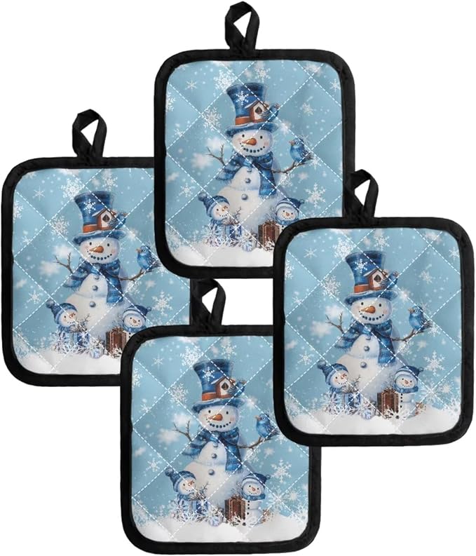 Christmas Blue Snowman Snowflakes Print Heat Resistant Kitchen Pot Holders Set - Image 4