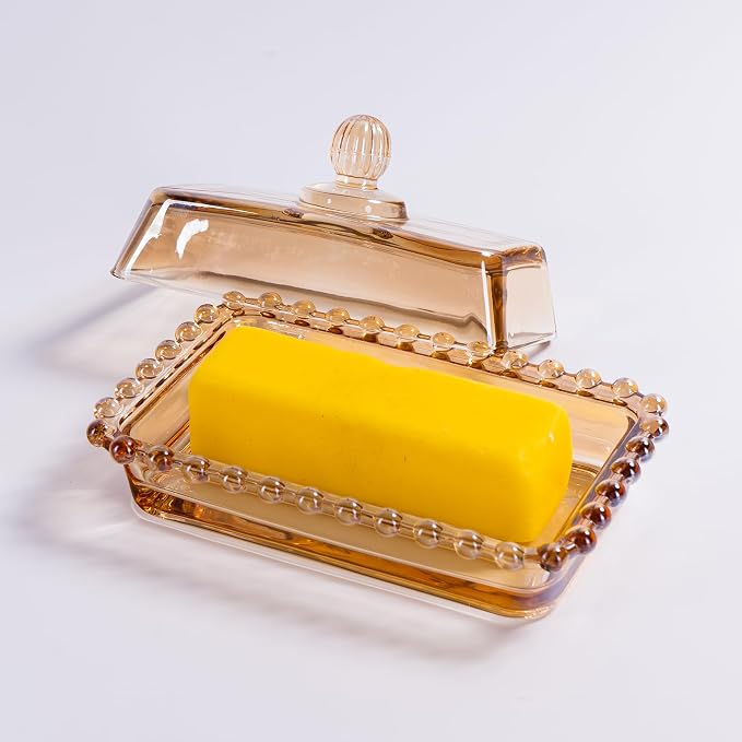 Glass Butter Dish with Lid for Countertop, Champagne Color Crystal Covered - Image 2