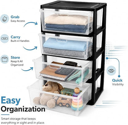 Wide 4 Drawer Plastic Storage Tower Organizer Clear Bins Bedroom | Removable - Image 5