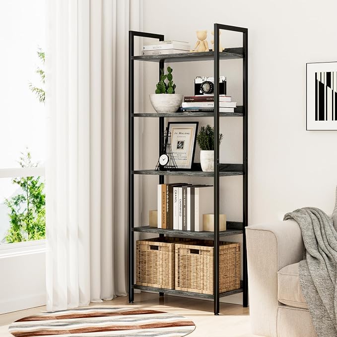 NUMENN Bookshelf, 5 Tier Freestanding Shelving Unit, Dark Grey | Metal Frame & - Image 2