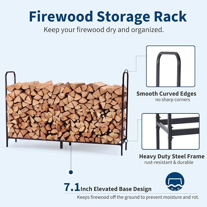 DUMOS 8FT Heavy Duty Firewood Storage Rack, Heavy Duty Firewood Log Racks - Image 2