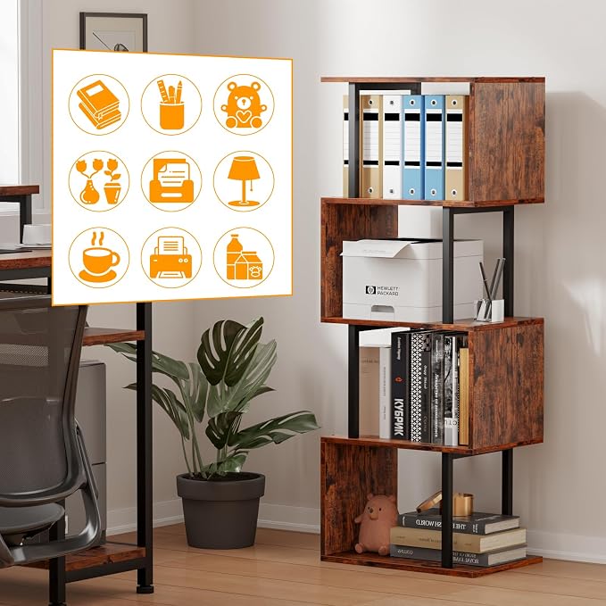 Furologee 5 Tier Bookshelf, S Shaped Geometric Bookcase, Narrow Freestanding - Image 8