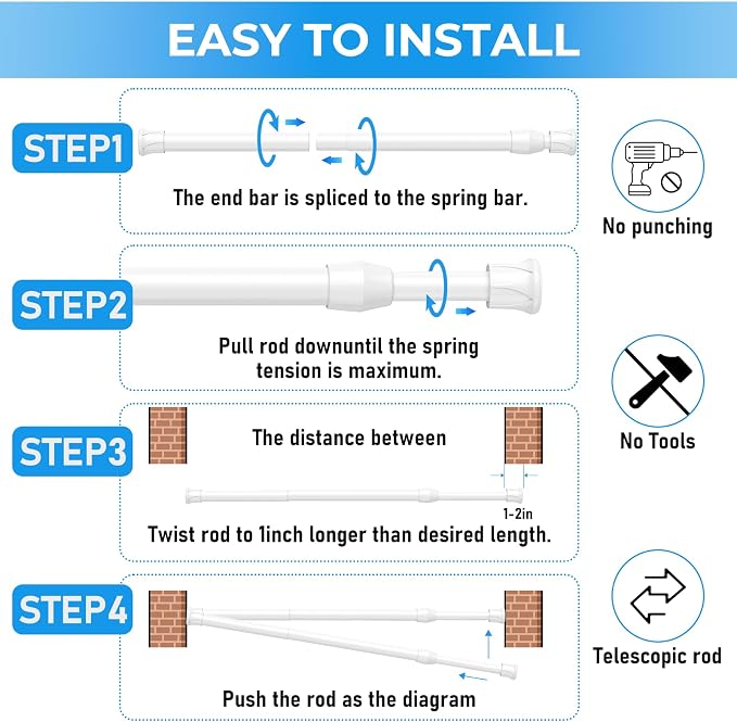 2 Pack Spring Tension Curtain Rod 28 to 39 inch, Adjustable Curtain Rods No - Image 7