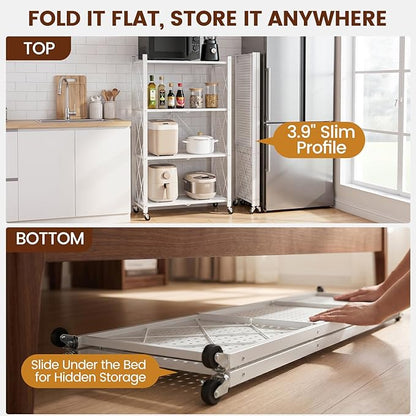 ALANNG 4 Tier Folding Storage Shelf on Wheels, Heavy Duty Metal Rolling Cart | - Image 6