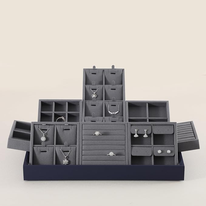 Dark Blue Jewelry Display Tray Ring Necklace Earring Bangle Organizer - Image 4