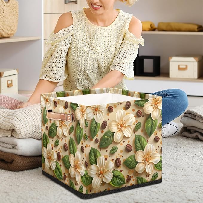 TropicalLife 13x13x13 Inch Large Fabric Storage Cube Beige Floral Print - Image 3