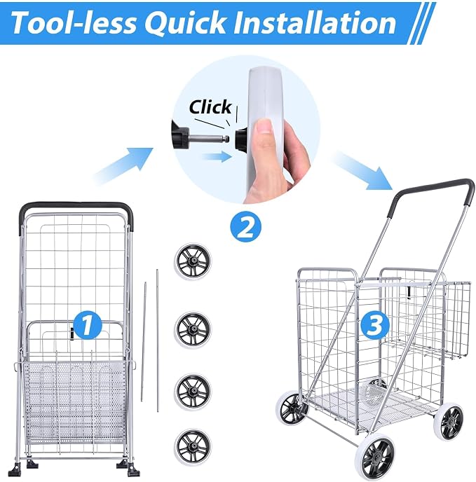 Folding Shopping Cart with Double Baskets, Collapsible Grocery Rolling Utility - Image 8