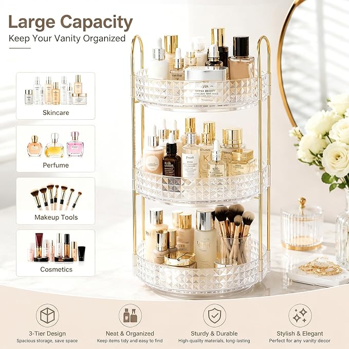 Fangoo 3 Tiers Clear Rotating Makeup Organizer - Image 7