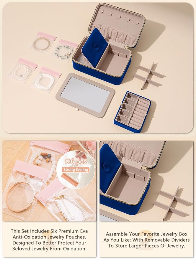 Velvet Travel Jewelry Box with Large Mirror, Double-Layer Jewelry Organizer Case - Image 4