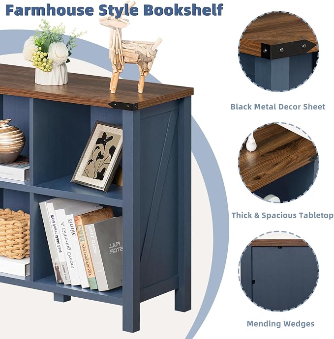 6 Cube Bookcase, Farmhouse Wood Low Storage Organizer Book Shelf, Hallway Book - Image 5