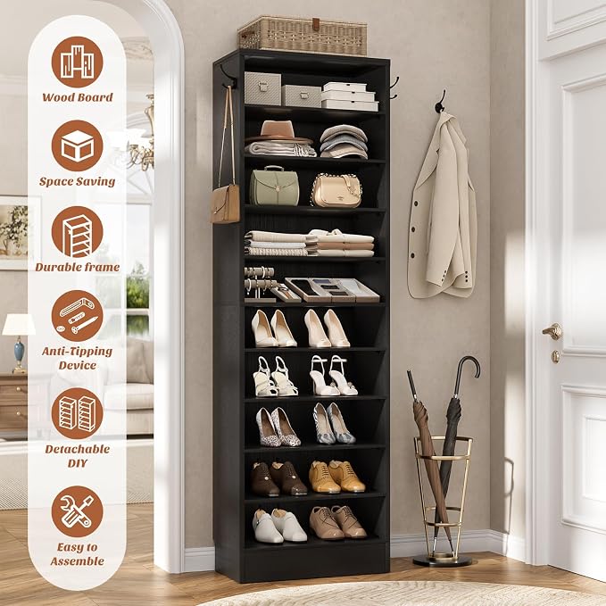 Aheaplus Narrow Shoe Cabinet, 10 Tiers Tall Wood Shoe Rack, Shoe Storage - Image 3