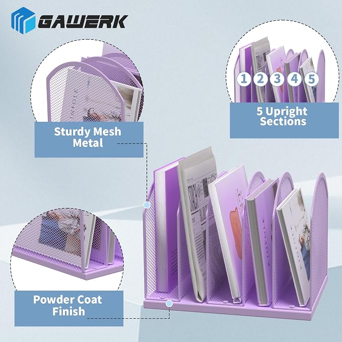 5-Section Vertical Desktop Organizer, 5-Section Mesh File Folder Stand Sorter - Image 3