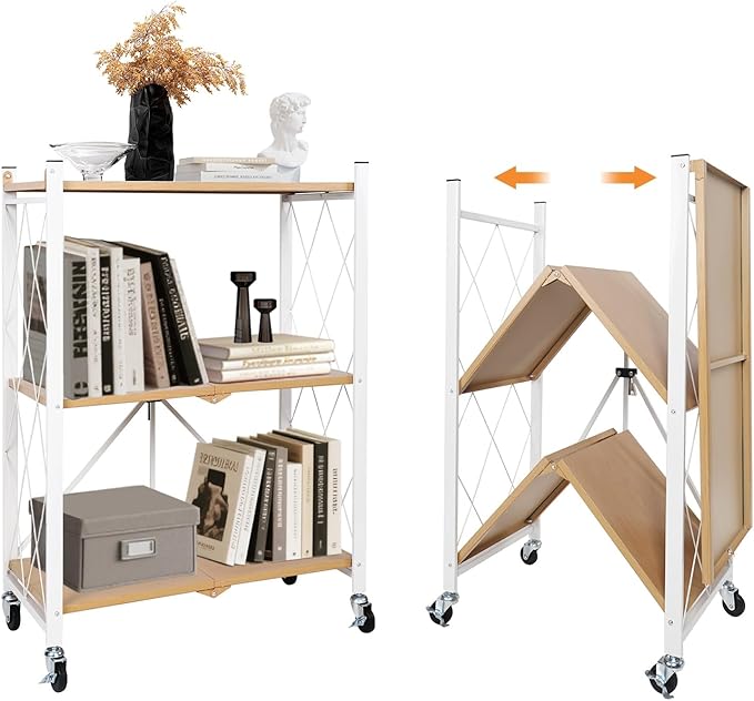 3 Tier Folding Shelf with Wheels, Metal Steel Collapsible Shelves, Folding by YUANJIMI