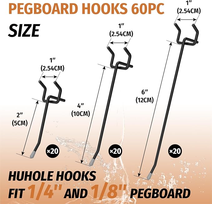 HUHOLE Pegboard Hooks 2 Inch, 4 Inch, 6 Inch, Peg Board Hooks - Image 2